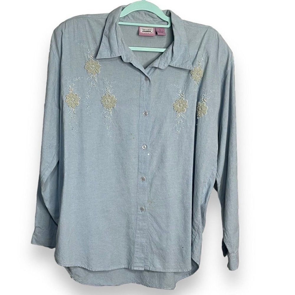 Premier International Button Up Shirt Womens XL Blue Chambray Vintage Beaded Top